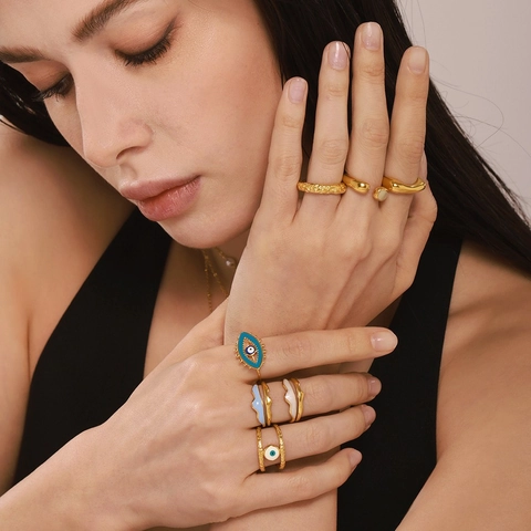 18K Gold Plated Stainless Steel Irregular Wave Ring Blue White Enamel Evil Eye Hammered Open Ring Jewelry For Women