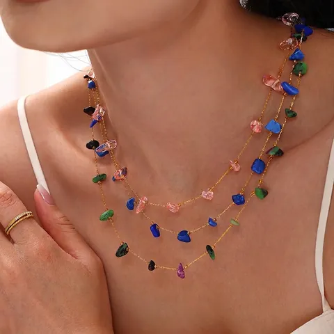 Irregular Natural Stone Clavicle Necklace Gold Plated Stainless Steel Summer Holiday Colorful Gravel Beads Jewelry For Women