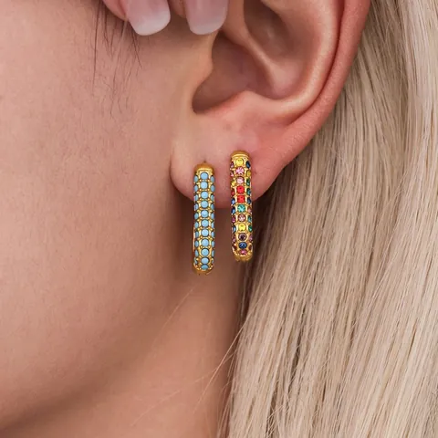 Stainless Steel U-Shaped Hoop Earrings With Zircon And Turquoise Pave Rectangular Ear Buckles For Women