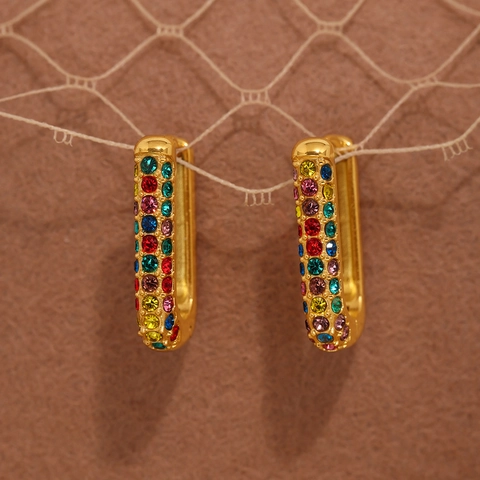 Stainless Steel U-Shaped Hoop Earrings With Zircon And Turquoise Pave Rectangular Ear Buckles For Women