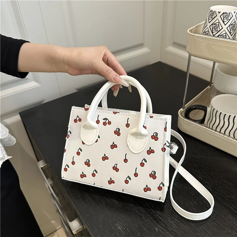 Women Cherry Print PU Leather Tote Bag Mini Small Square Handbag With Adjustable Strap Daily Casual Crossbody Bag