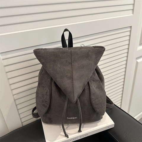 Sac à Dos Décontracté en Daim pour Femmes Design Mignon Oreilles de Lapin Grande Capacité Cordon Coulissant Sac d'École Style Rétro Street Print Lettres
