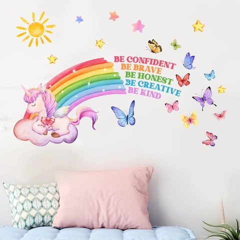 Einhorn Regenbogen Wandtattoo PVC Motivierende Zitate Schmetterling Aufkleber Für Kinderzimmer Deko