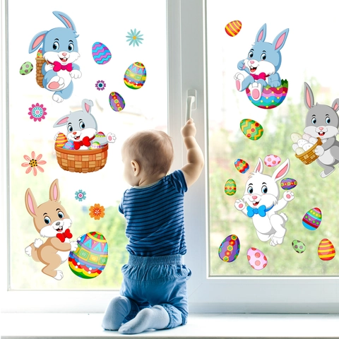 Adesivi per Finestre di Pasqua Coniglio Cartone Animato Uova Colorate Adesione Statica per Superfici in Vetro Decorazione Casa