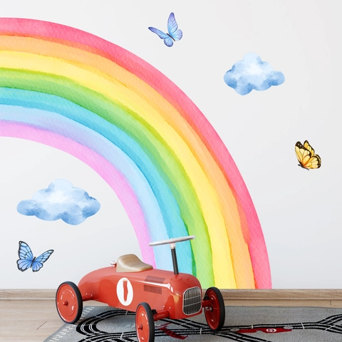 Grands Stickers Muraux Arc-en-Ciel Aquarelle Avec Nuages Papillons Décalcomanies en PVC Pour Décor de Chambre d'Enfant
