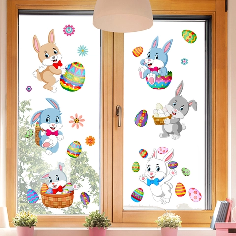 Adesivi per Finestre di Pasqua Coniglio Cartone Animato Uova Colorate Adesione Statica per Superfici in Vetro Decorazione Casa