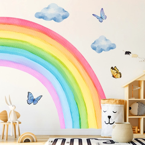 Grands Stickers Muraux Arc-en-Ciel Aquarelle Avec Nuages Papillons Décalcomanies en PVC Pour Décor de Chambre d'Enfant