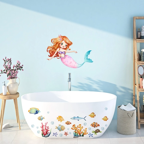 Cartoon Meerjungfrau Koralle Schildkröte Blase Wandtattoo Wasserdicht PVC Ozean Thema Dekor Für Kinderzimmer Badezimmer