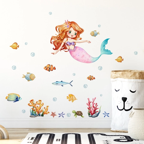 Cartoon Meerjungfrau Koralle Schildkröte Blase Wandtattoo Wasserdicht PVC Ozean Thema Dekor Für Kinderzimmer Badezimmer