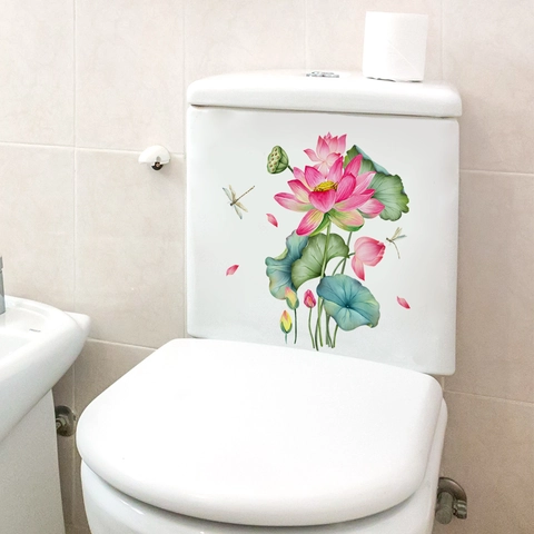 Autocollant Mural Salle De Bain Fleur De Lotus Libellule Imperméable PVC Adhésif Décalcomanie Toilettes Décoration Maison
