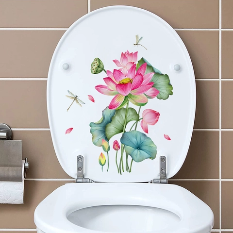Autocollant Mural Salle De Bain Fleur De Lotus Libellule Imperméable PVC Adhésif Décalcomanie Toilettes Décoration Maison
