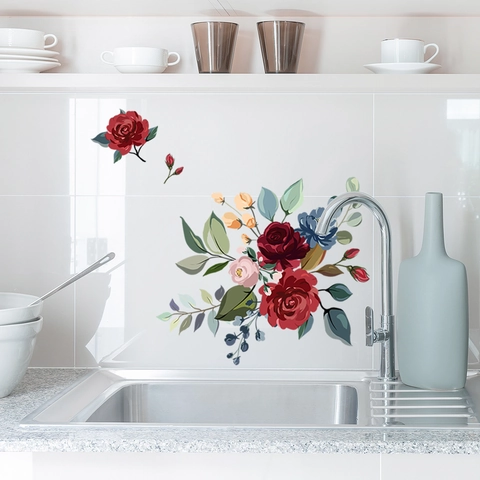 Adesivi Murali Floreali PVC Impermeabile Rimovibile Decalcomanie Rosa Rossa Per Lavatrice Frigorifero Cucina