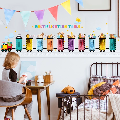 Sticker Mural Table de Multiplication Petit Train Animaux en PVC Décor Éducatif pour Chambre d'Enfant Crèche Stickers Muraux