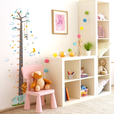 Cartoon Animals Height Growth Chart Wall Sticker PVC Removable Tree Elephant Monkey Decor For Kids Nursery Bedroom