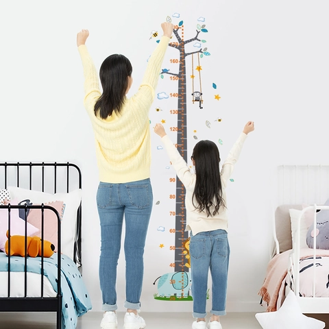 Cartoon Animals Height Growth Chart Wall Sticker PVC Removable Tree Elephant Monkey Decor For Kids Nursery Bedroom