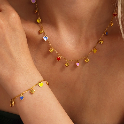 Stainless Steel Colorful Heart Pendant Jewelry Set Drip Oil Enamel Necklace Bracelet For Women Sweet Daily Accessories