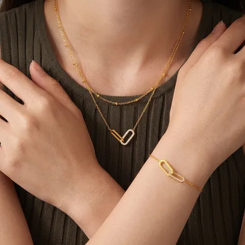 Stainless Steel Jewelry Set For Women Elegant Double Layer Necklace And Bracelet With Interlocking Rings Zircon Pendant Accessories