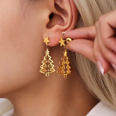 Pendientes Árbol De Navidad Huecos Acero Inoxidable Estrella Botón Joyería Creativa Regalo Fiesta Mujeres