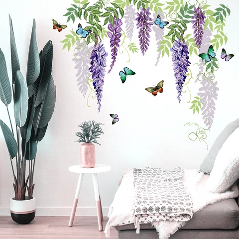 Purple Wisteria Flower And Butterfly Wall Stickers PVC Self Adhesive Removable Home Decor For Living Room Bedroom