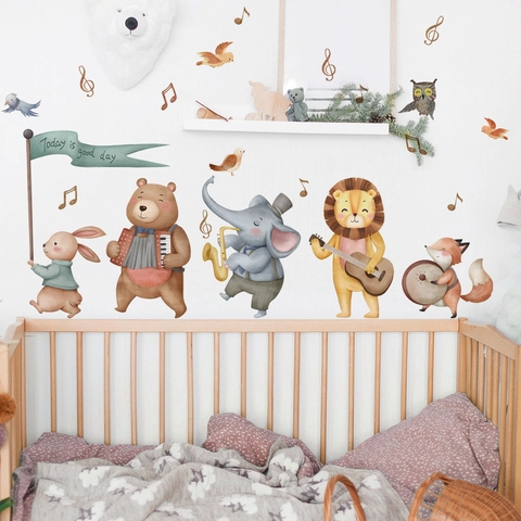 Cartoon Animal Forest Band Wall Stickers For Kids Nursery Watercolor PVC Musical Notes Lion Elephant Bear Rabbit Decal