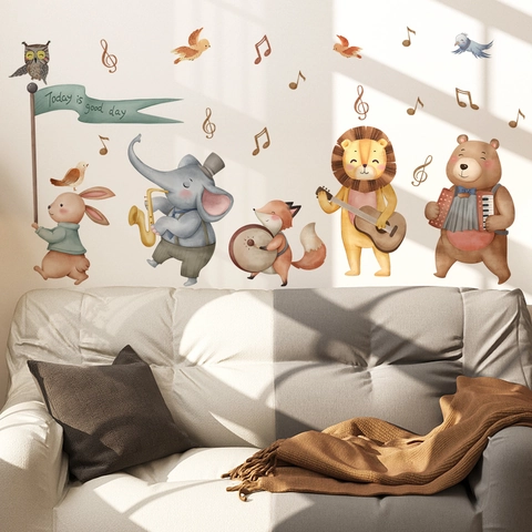 Cartoon Animal Forest Band Wall Stickers For Kids Nursery Watercolor PVC Musical Notes Lion Elephant Bear Rabbit Decal