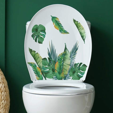 Autocollant De Toilette Feuilles De Palmier Tropicales Amovible PVC Imperméable Décoration De Salle De Bain Monstera Plante