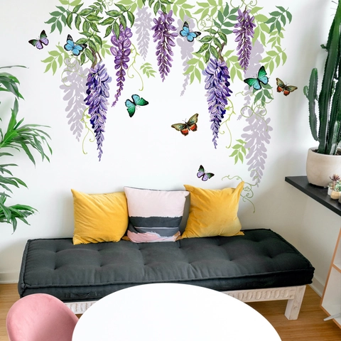 Purple Wisteria Flower And Butterfly Wall Stickers PVC Self Adhesive Removable Home Decor For Living Room Bedroom
