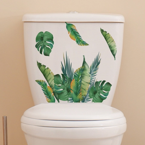 Autocollant De Toilette Feuilles De Palmier Tropicales Amovible PVC Imperméable Décoration De Salle De Bain Monstera Plante