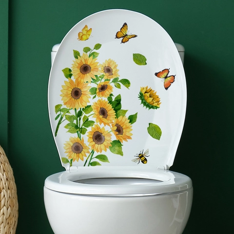 Sunflower Butterfly Toilet Lid Sticker Self-Adhesive Waterproof PVC Wall Decal For Bathroom Decor Watercolor Floral Novelty