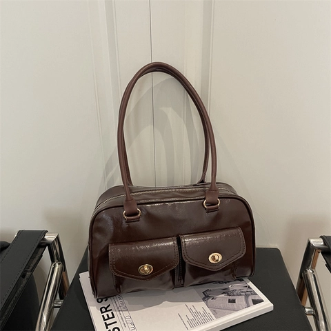 Borsa a Tracolla Boston in Pelle PU Vintage da Donna Grande Capacità Sottobraccio Con Doppie Tasche E Chiusura Oro