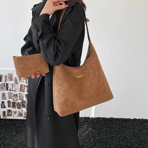 Borsa Tote Vintage in Pelle PU Effetto Scamosciato per Donna Grande Capacità Borsa a Spalla Con Pochette Interna Hobo
