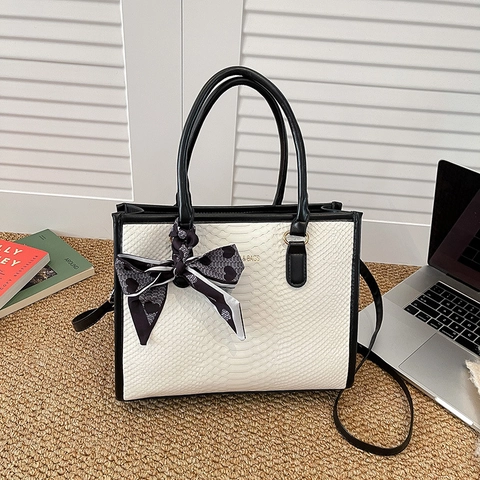 Women Fashion Snakeskin Embossed PU Leather Tote Bag With Heart Satin Scarf Contrast Color Handbag Crossbody Shoulder Bag