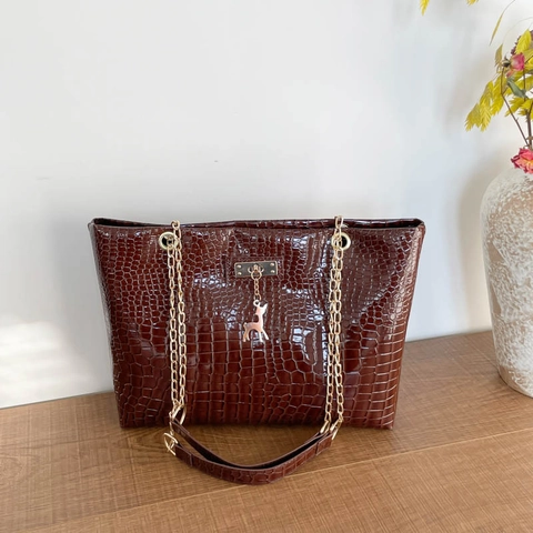 Sac Fourre-tout pour Femmes Motif Crocodile Grande Capacité en Cuir PU Sac à Bandoulière Avec Chaîne Et Pendentif Cerf Sac à Main Rétro