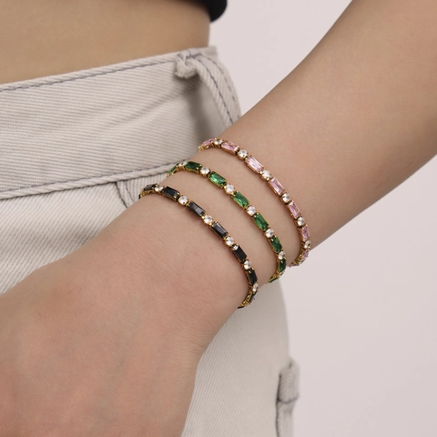 Bracciale Tennis in Acciaio Inossidabile con Zirconia per Donna Zircone Colorato Taglio Baguette Intarsiato Gioielli Moda