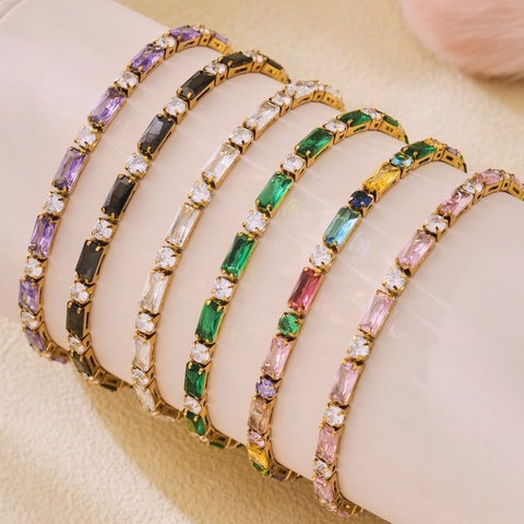 Bracciale Tennis in Acciaio Inossidabile con Zirconia per Donna Zircone Colorato Taglio Baguette Intarsiato Gioielli Moda
