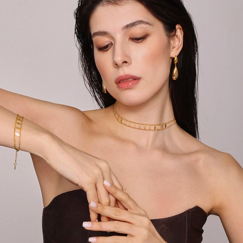 Acciaio Inossidabile Collana Bracciale Doppio Strato Paillettes Rombo Orecchini Goccia Acqua Donne Stile Minimalista