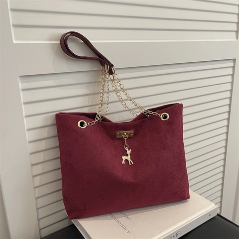 Borsa Tote da Donna in Camoscio Vintage Tracolla a Catena in Metallo Retro Pendolare Sottobraccio Con Ciondolo Cervo Elegante