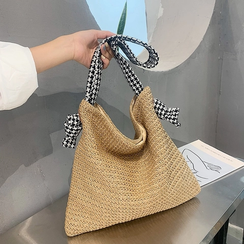 Borsa Tote In Paglia Intrecciata Con Tracolla Con Fiocco Pied-De-Poule Grande Capacità Borsa Da Spalla Da Spiaggia Per Donna