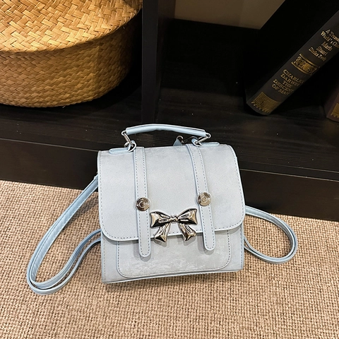 Mini Mochila de Cuero PU para Mujer Con Lazo de Metal Bolso Cuadrado Pequeño Bolso de Hombro Versátil Lady