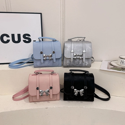 Mini Mochila de Cuero PU para Mujer Con Lazo de Metal Bolso Cuadrado Pequeño Bolso de Hombro Versátil Lady