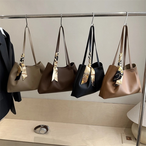 Women Large Capacity Vintage PU Leather Tote Bag Commute Shoulder Bag With Decorative Satin Scarf Solid Color Handbag For Office