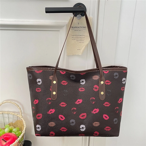 Women Chic Printed Tote Bag PU Leather Large Capacity Shoulder Bag Lipstick Pattern Daily Handbag Casual Commute Shopper Bag