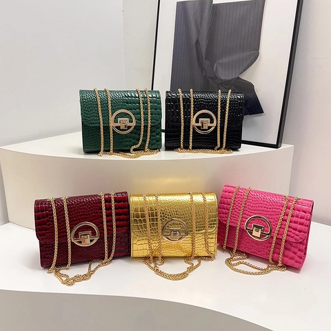 Sac à Épaule Femme Mode Motif Crocodile Cuir PU Avec Bandoulière Chaîne Dorée Fermoir Circulaire Petit Sac Bandoulière Carré