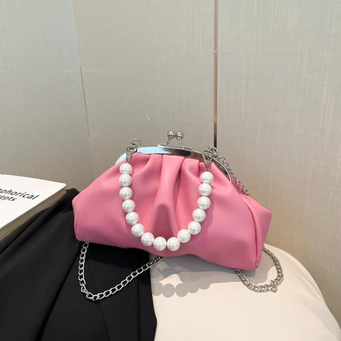 Sac Pochette Nuage Plissé pour Femmes Poignée en Künstliche Perles Cuir PU Chaîne Bandoulière Sac de Soirée Fermoir à Baiser Fête