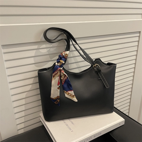 Women Fashion PU Leather Tote Bag Large Capacity Shoulder Bag With Satin Scarf Decor Contrast Stitching Commuter Handbag