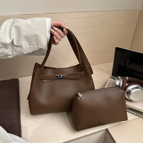 Minimalist PU Leather Bucket Bag Metal Turn Lock Large Capacity Shoulder Crossbody Handbag Literary Style For Women