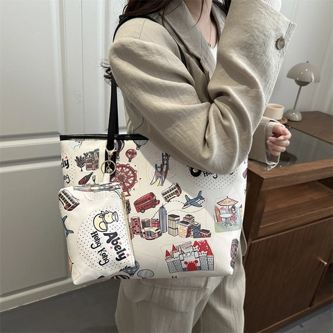 Women PU Leather Tote Bag Large Capacity Commuter Handbag Cartoon Graffiti Print Shoulder Mother Child Bag