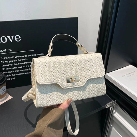 Vintage Gewebte PU Leder Quadratische Tasche Für Damen Große Kapazität Gold Twist Lock Griff Schulter Crossbody Handtasche
