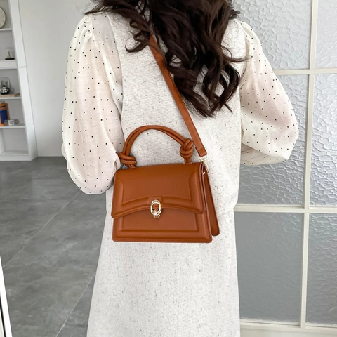 Mode PU Leder Umhängetasche Für Damen Geknoteter Griff Metallschloss Klappe Crossbody Handtasche Alltag Kleine Quadratische Tasche