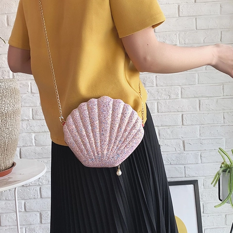 Women Sequin Shell Shaped Crossbody Bag With Gold Chain Strap Artificial Pearl Charm Glitter Shoulder Bag For Party Daily Fashion